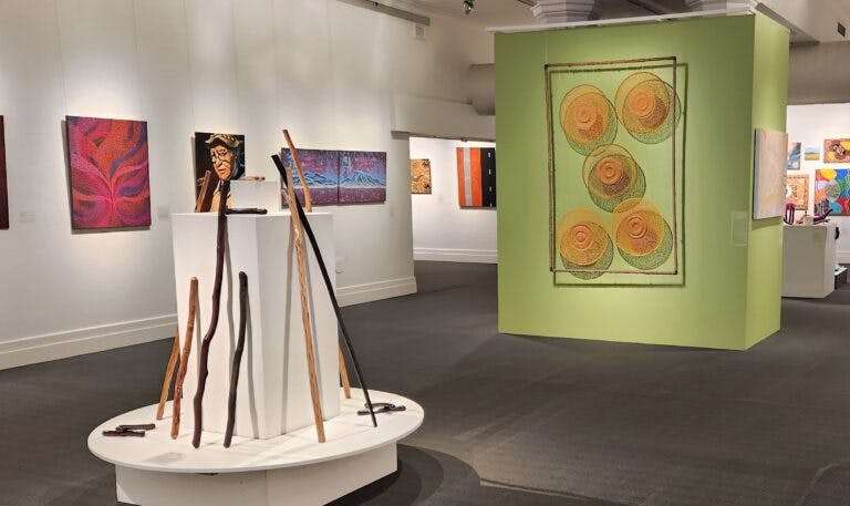 A view of Noongar Country exhibition from 2023. Several artworks on display in the Bunbury Regional Art Gallery.